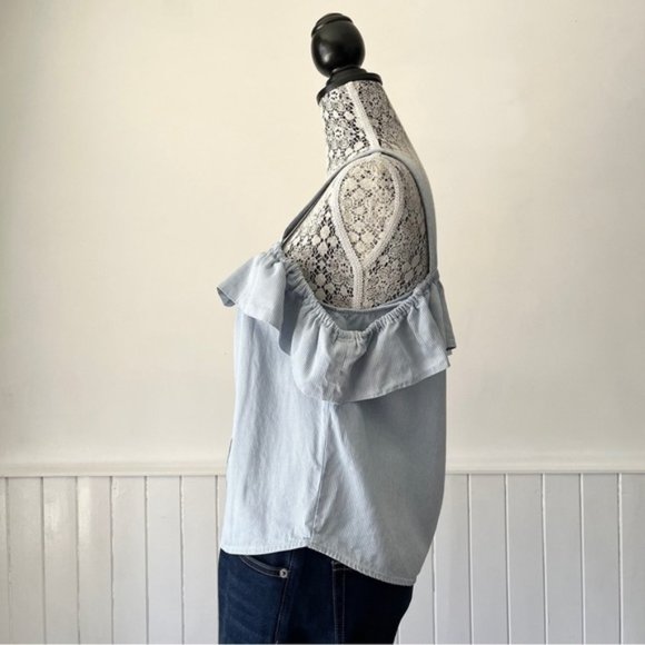 Twig Blue & White Striped Boho Ruffled Cold Shoulder Tank Top Size M - Picture 6 of 10